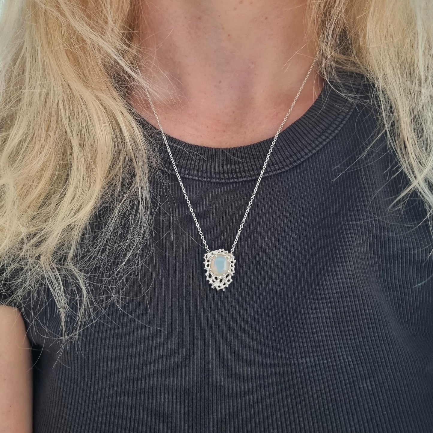 Opal coral roke kanae necklace silver Elizabeth french jewellery worn by blonde